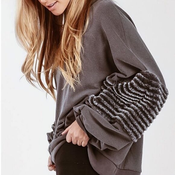 Young Fabulous and Broke Gray Faux Fur Stripe Sleeve Cozy Pullover - Picture 2 of 16